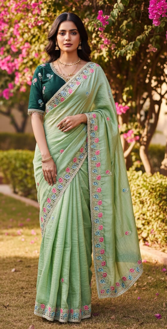 Premium Designer Soft Gold Crush Silk Saree | Multicolor Embroidery Cutwork Border with Stitched Blouse