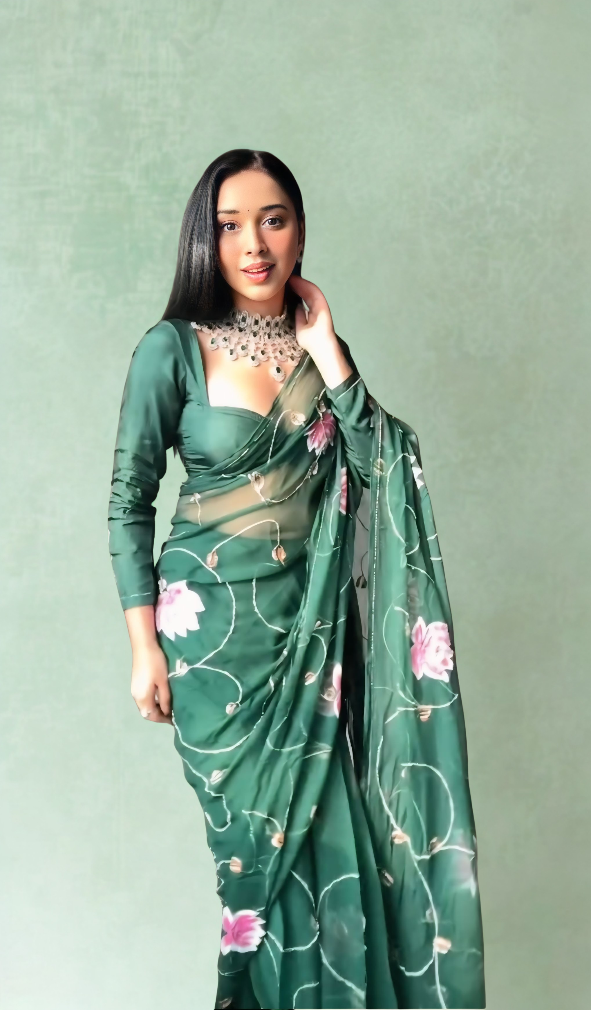 CLOVIRA Green Pure Organza Ready-to-Wear Saree