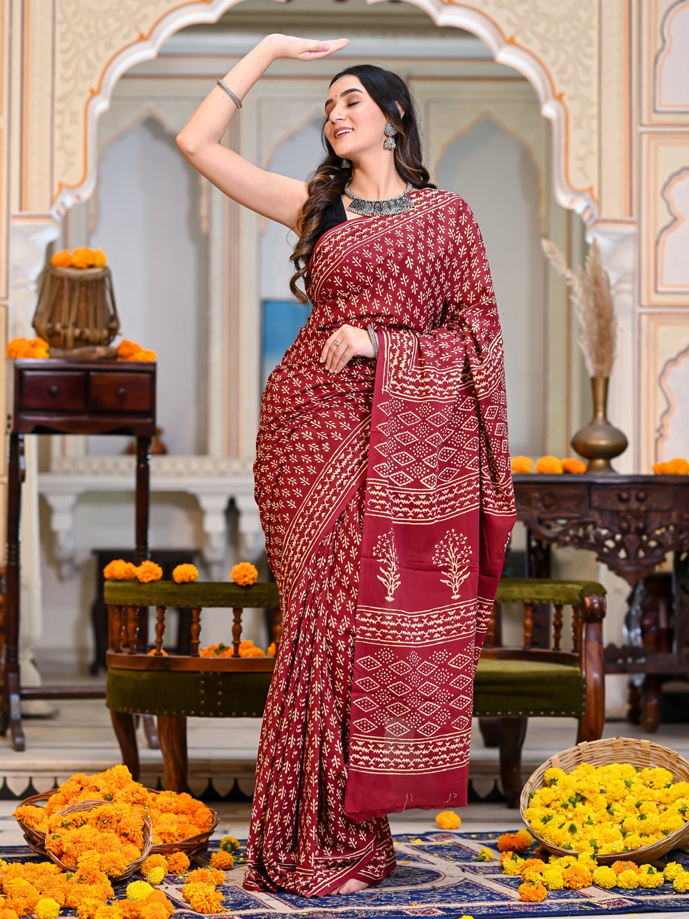 CLOVIRA Maroon Red Pure Soft Cotton Ready-to-Wear Saree