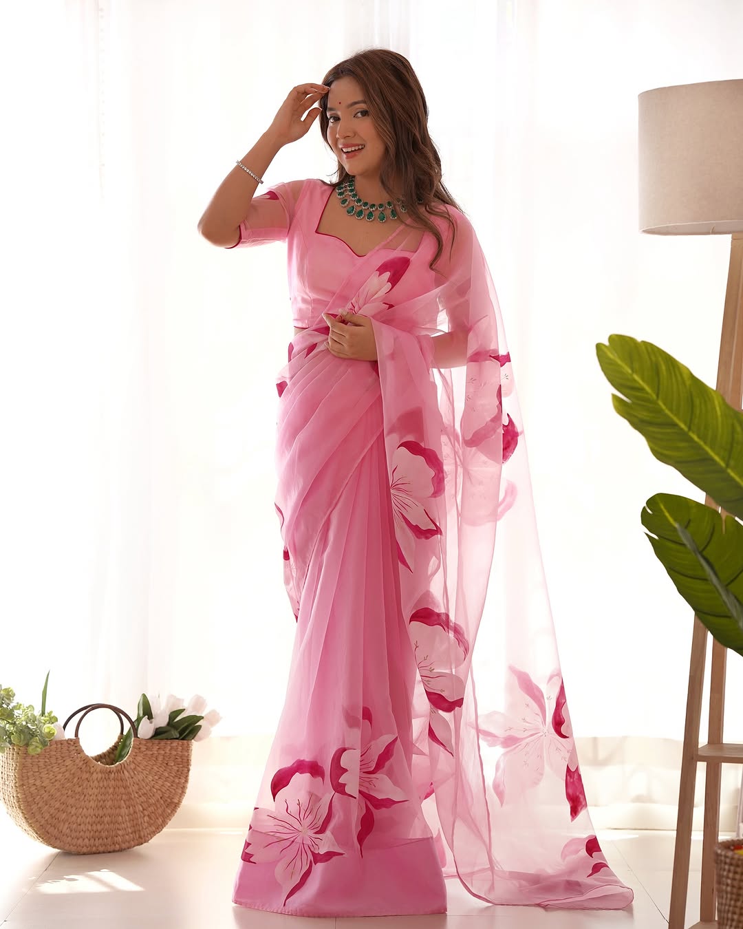 CLOVIRA Pink Pure Organza Ready-to-Wear Saree