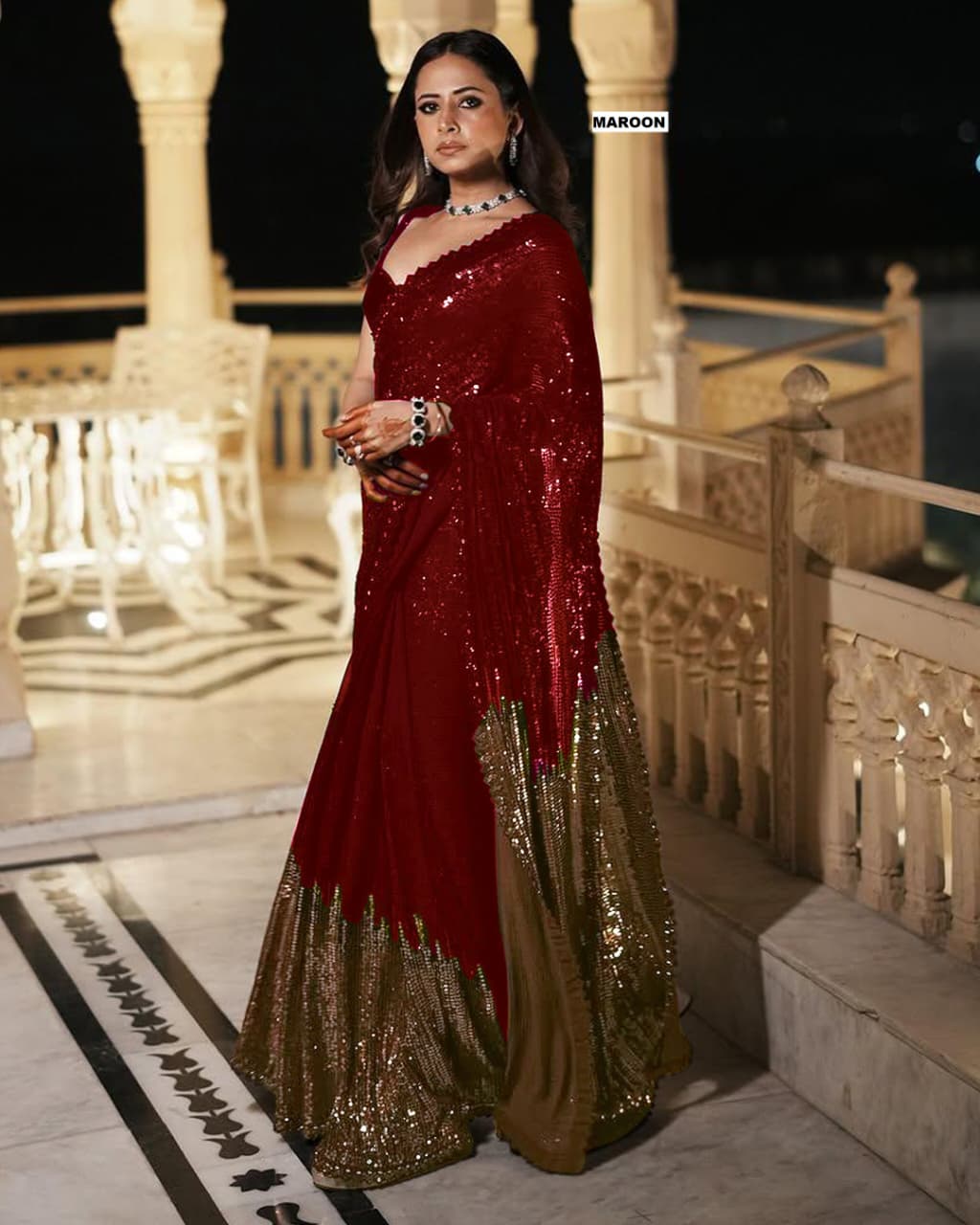 CLOVIRA Heavy Georgette Saree with Dual Sequins Embroidery Work