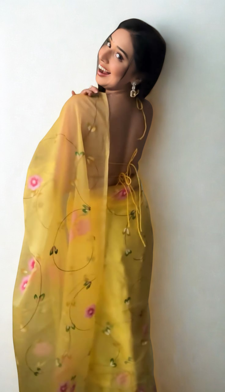 CLOVIRA Sunflower Yellow Pure Organza Ready-to-Wear Saree
