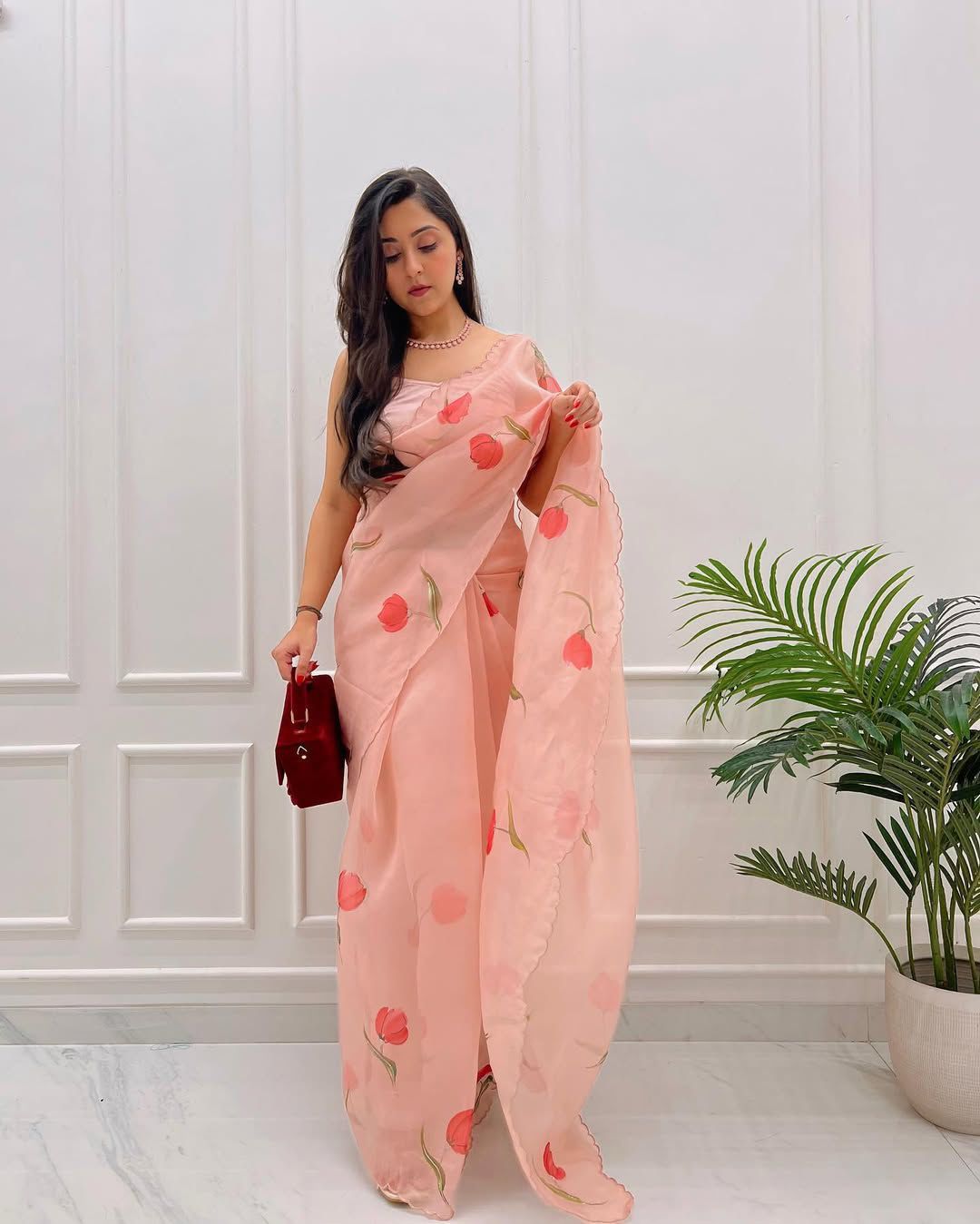 Exquisite 1-Minute Ready-To-Wear Peach Organza Silk Saree | Printed Design with Border Work & Blouse Piece