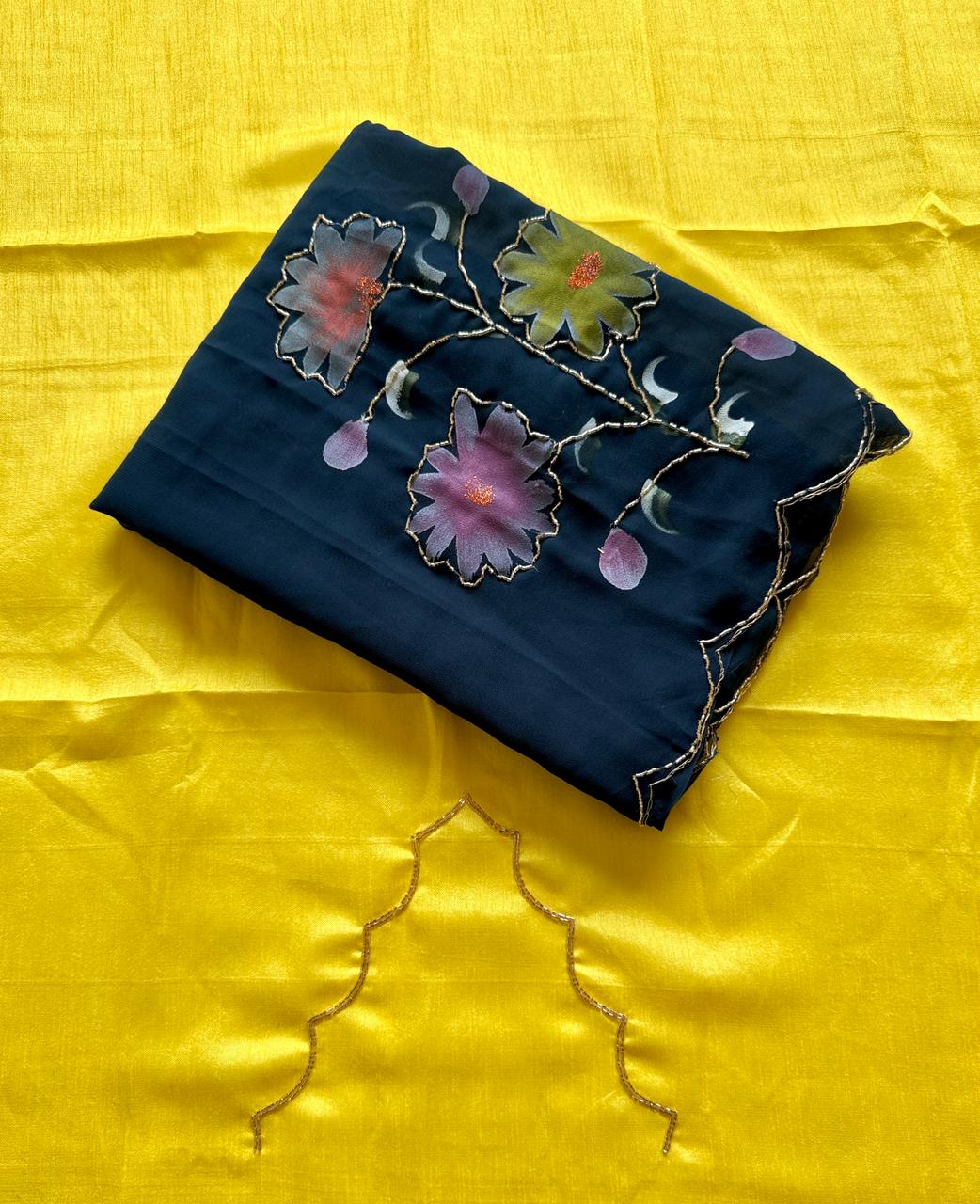 Soft Georgette Saree with Floral Hand Brush Print & Cut Dana Handwork