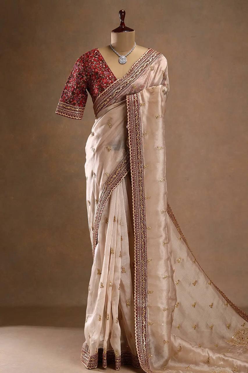 CLOVIRA Beige Soft Jimmy Choo Saree