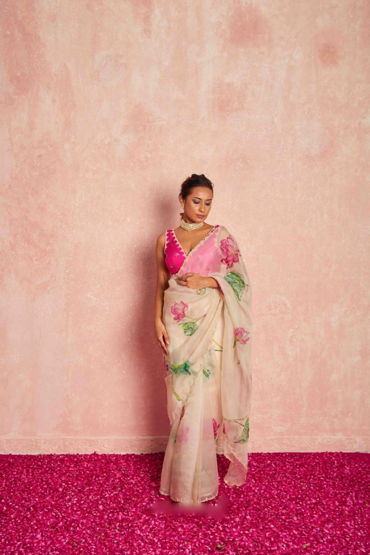 CLOVIRA 1-Minute Ready-to-Wear Tabby Organza  Saree with Printed & Handwork Border | Luxurious Designer Collection
