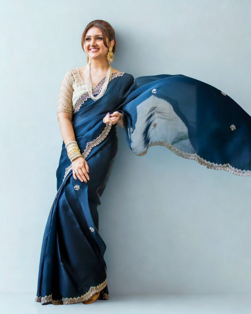 CLOVIRA Georgette Embroidered Saree in Royal Blue