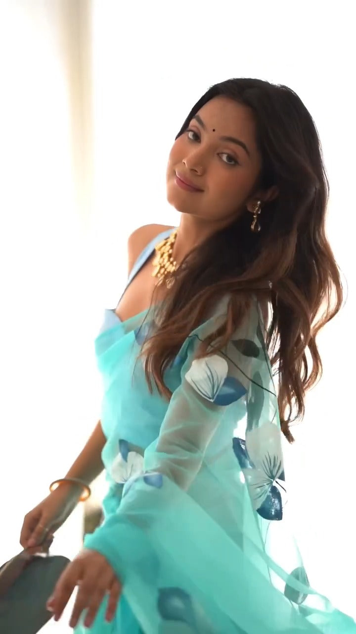 CLOVIRA Aqua Blue Pure Organza Ready-to-Wear Saree