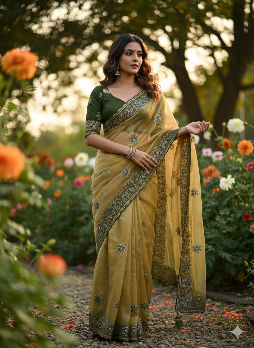 Traditional Soft Silk Saree | Multi Colour Embroidery, Zari Butta & Stone Work with Stitched Blouse