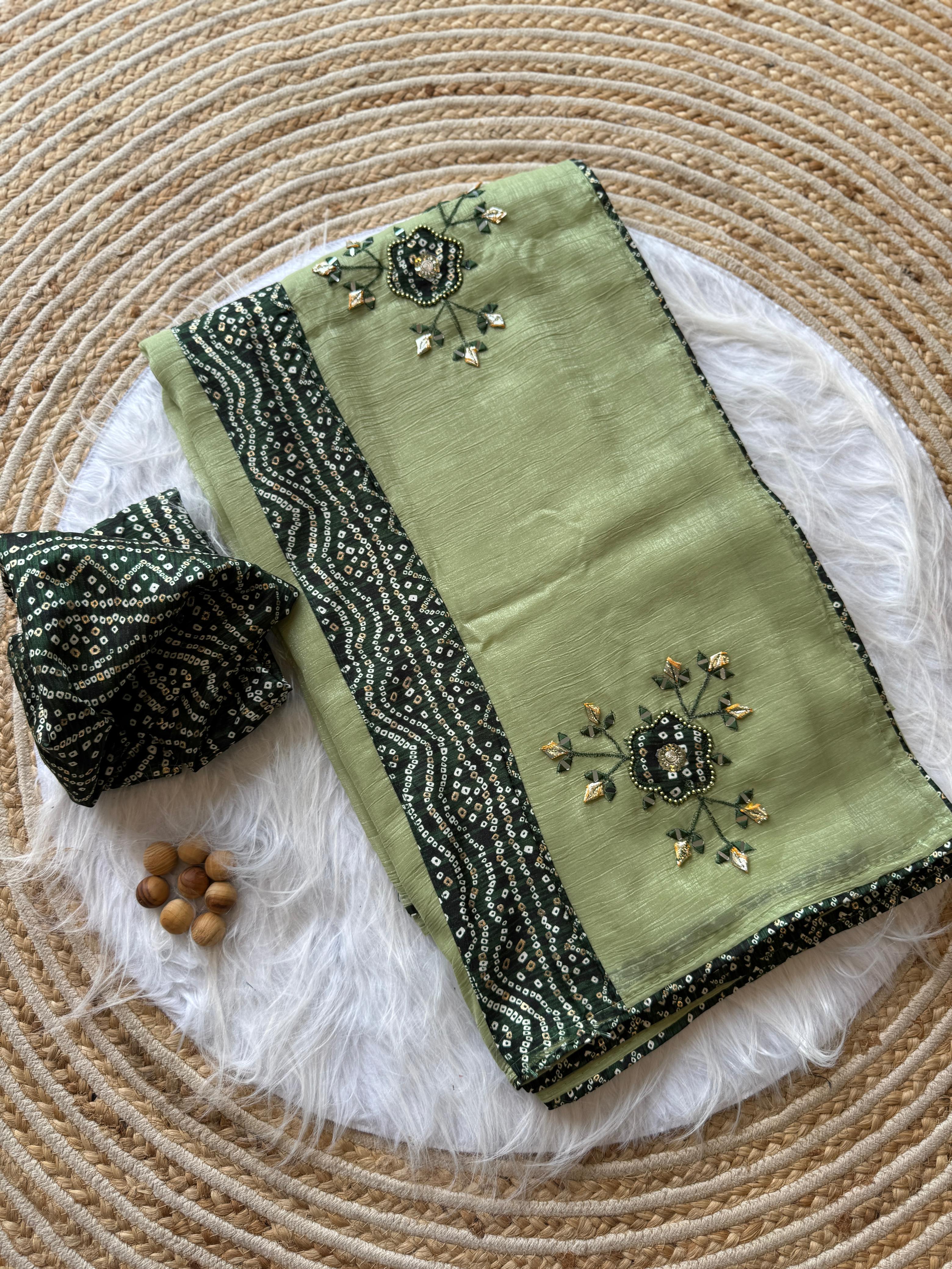 CLOVIRA Soft Crunchy Chiffon Saree with Mirror & Thread Embroidery