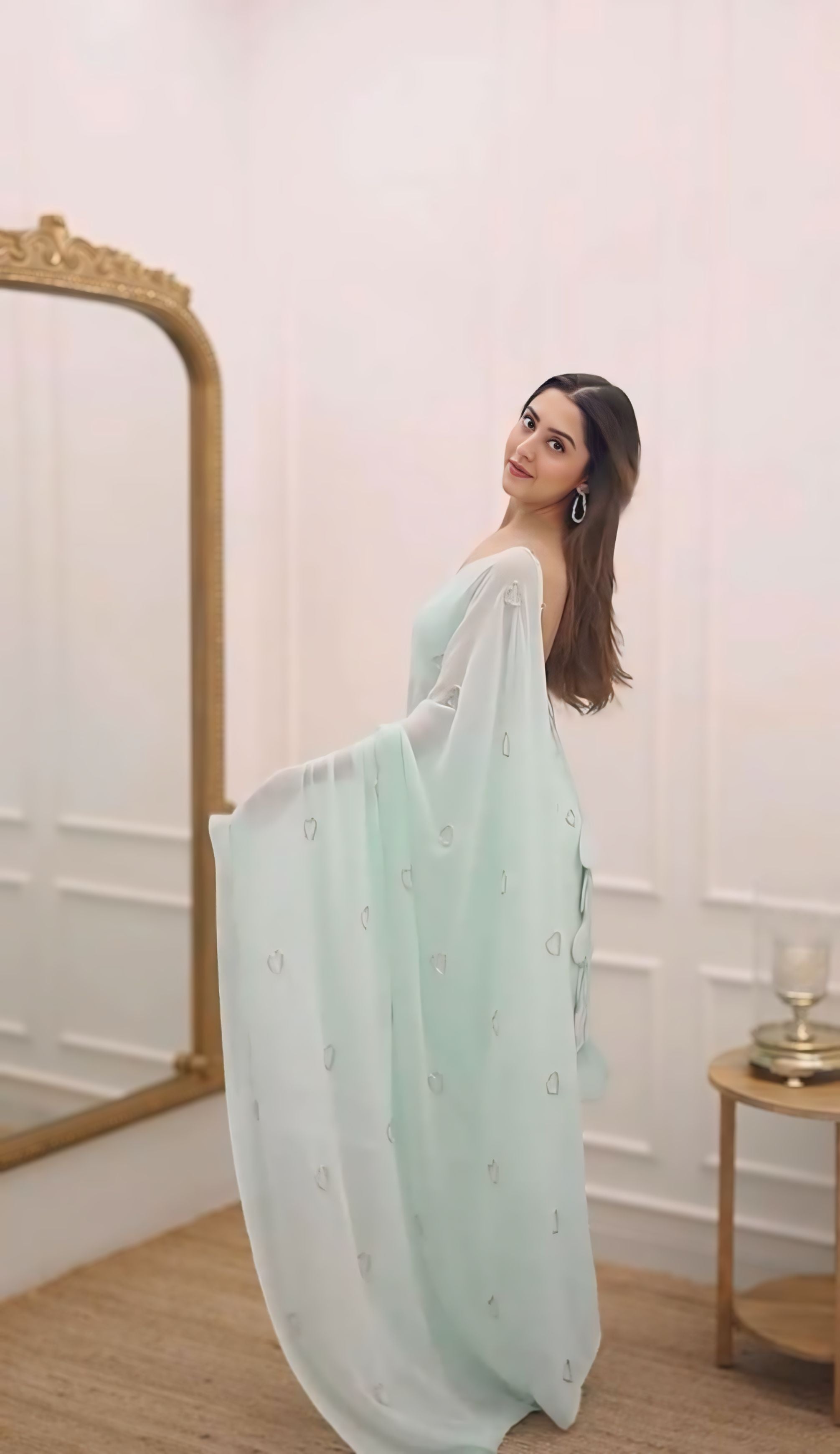 CLOVIRA Serene 1-Minute Ready-To-Wear Turquoise Georgette Saree | Elegant Handwork with Stitched Blouse