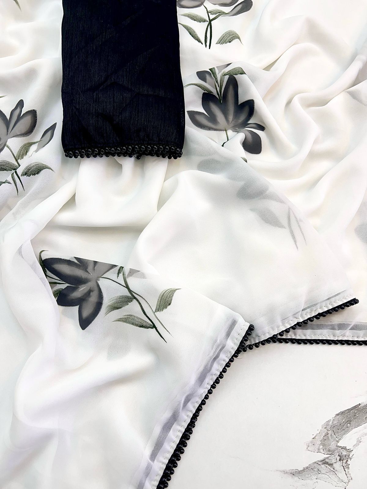 Georgette Floral Saree with Black Pearl Lace & Contrast Art Silk Blouse