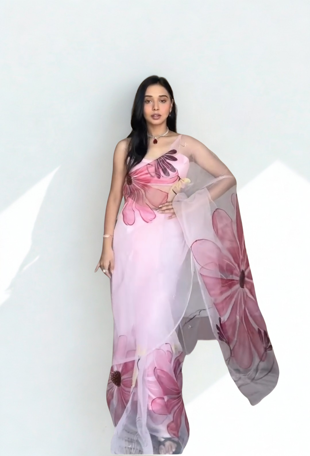 CLOVIRA Light Pink Pure Organza Ready-to-Wear Saree