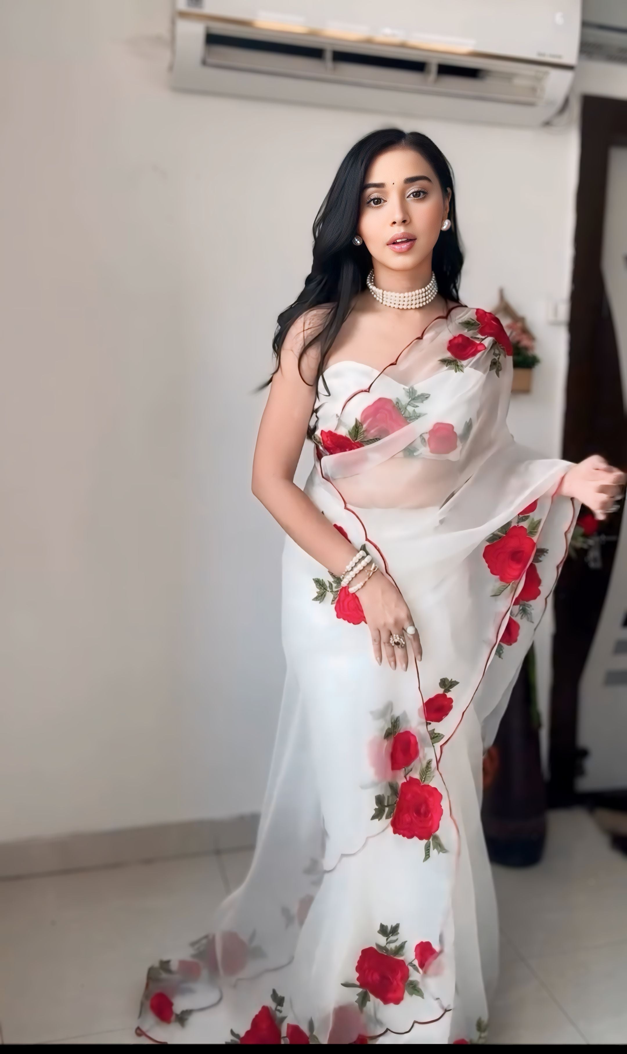 Pulsating 1-Minute Ready-To-Wear White Organza Silk Saree | Embroidery & Sequence Work with Blouse Piece