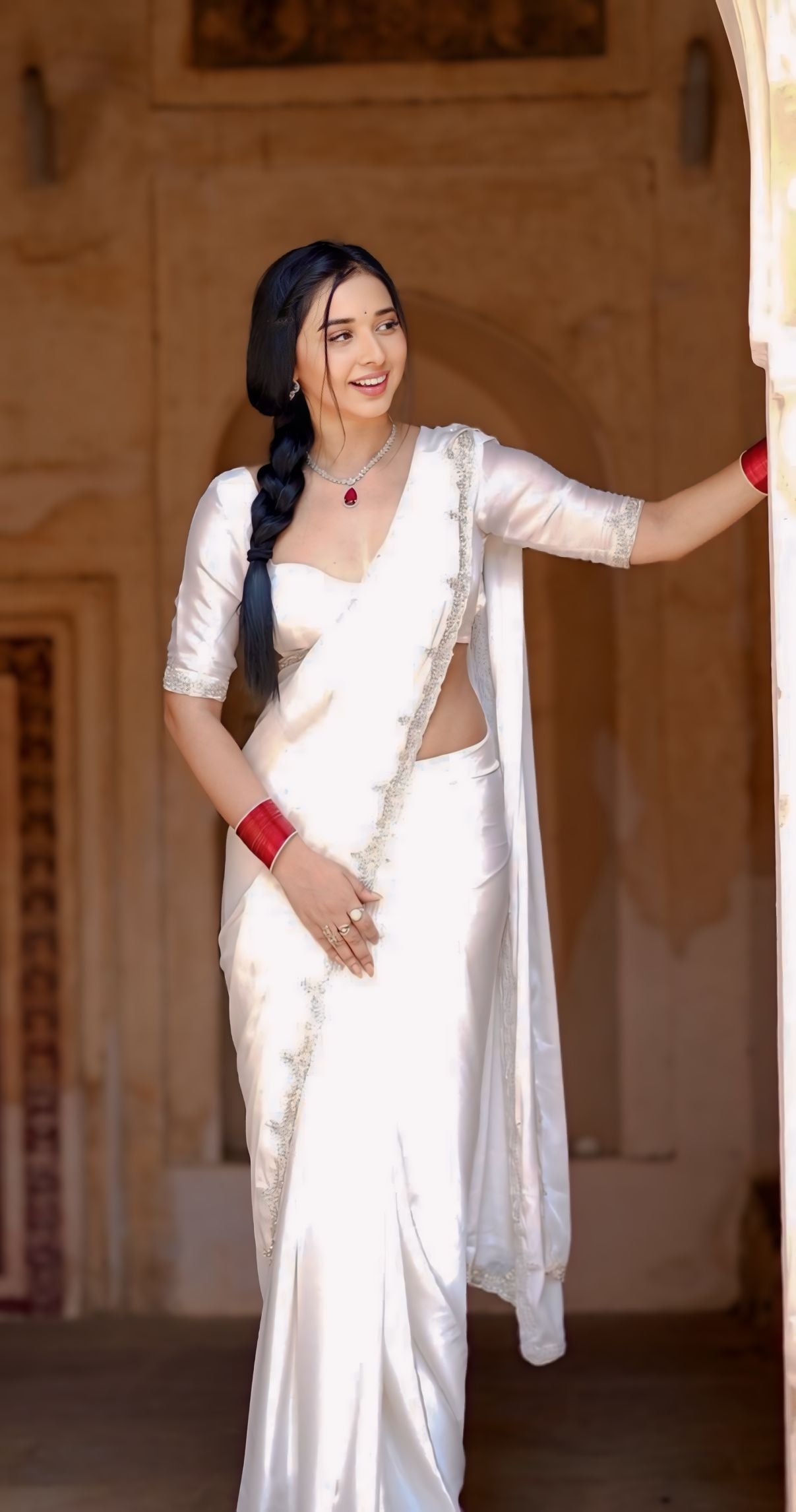 CLOVIRA 1-Minute Ready-to-Wear Rangoli Silk Saree with Handwork Border & Stitched Blouse | Effortless Luxury Collection