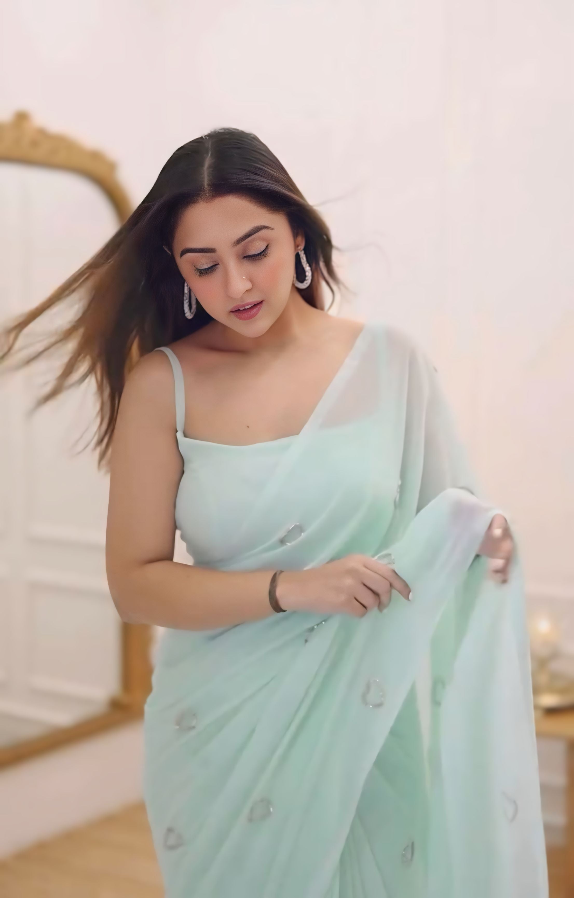 CLOVIRA Serene 1-Minute Ready-To-Wear Turquoise Georgette Saree | Elegant Handwork with Stitched Blouse