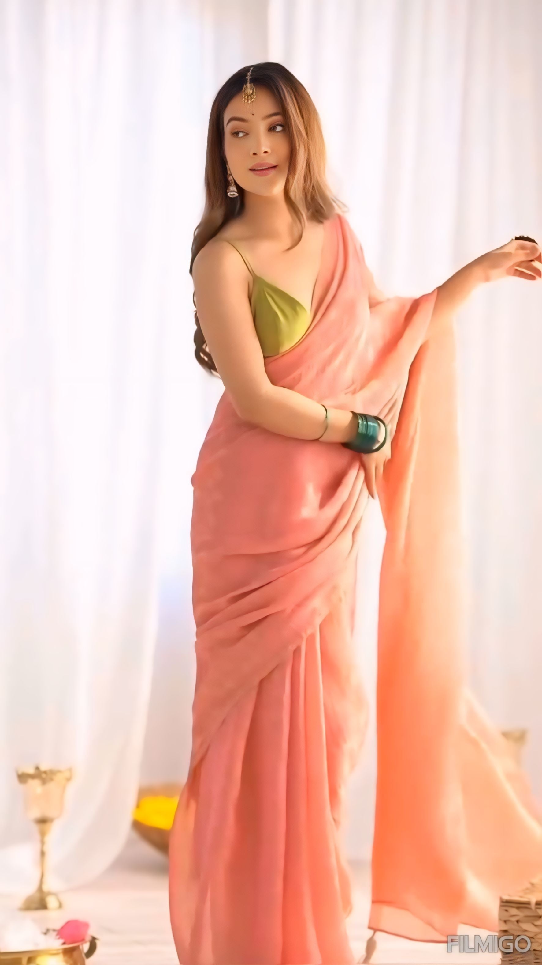 CLOVIRA Radiant Peach Fancy Silk Saree with Stitched Blouse | Elegant Designer Party Wear Collection