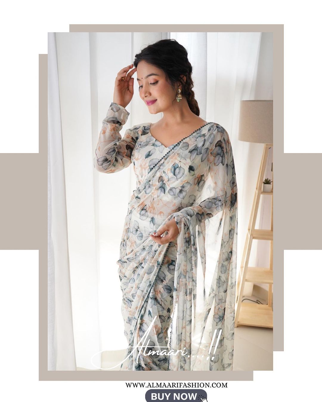 Effortless 1-Minute Ready-To-Wear White Georgette Saree | Printed Design with Blouse Piece