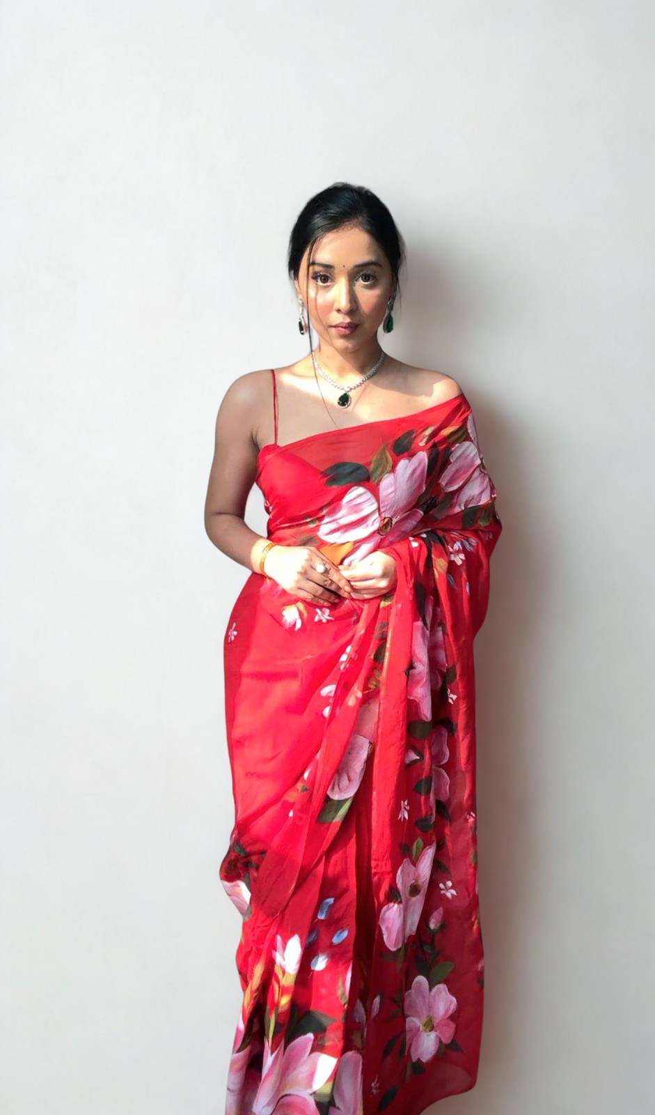 CLOVIRA Red Pure Organza Ready-to-Wear Saree