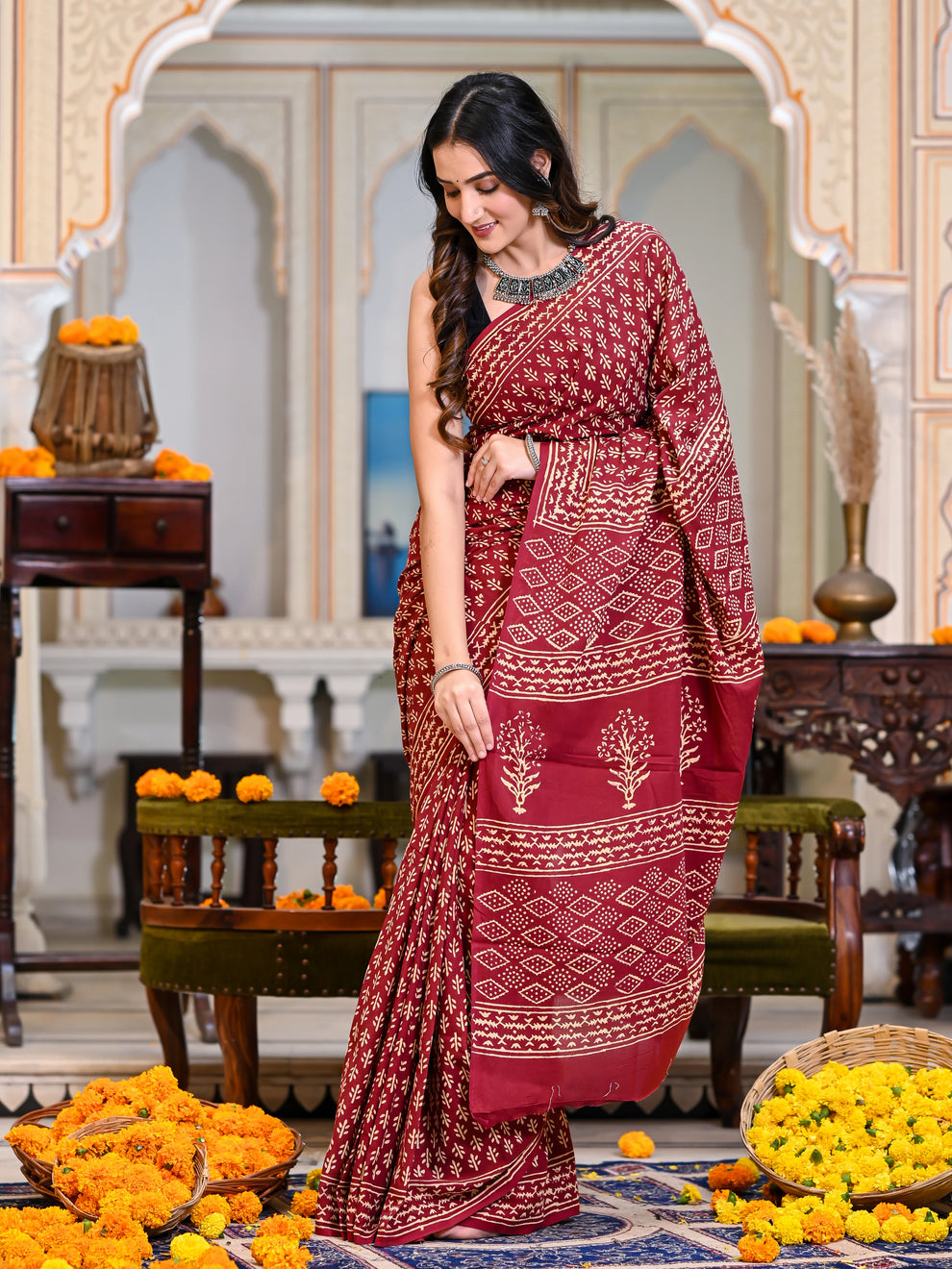CLOVIRA Maroon Red Pure Soft Cotton Ready-to-Wear Saree
