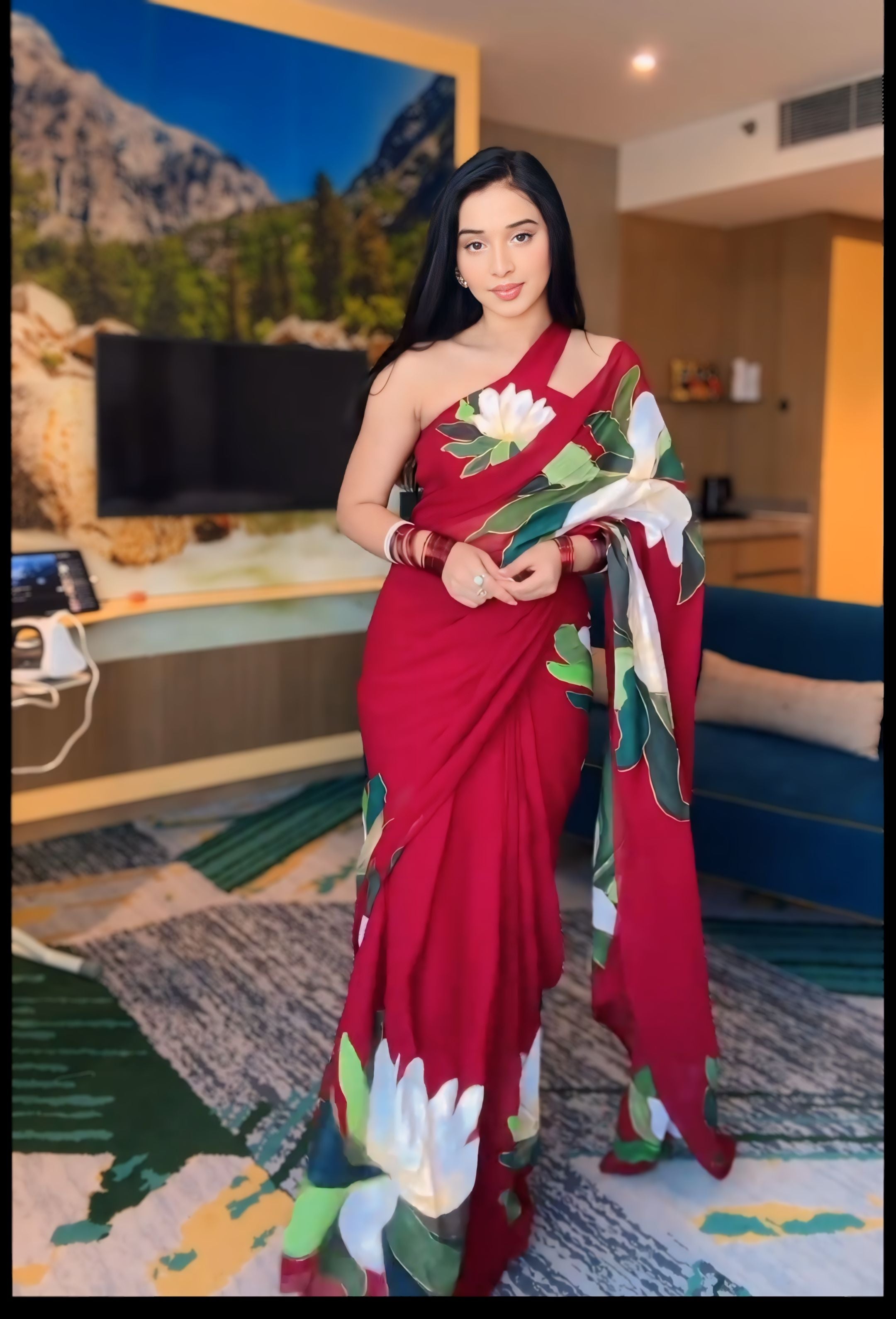 1-Minute Ready-To-Wear Red Georgette Saree | Printed Design with Blouse Piece