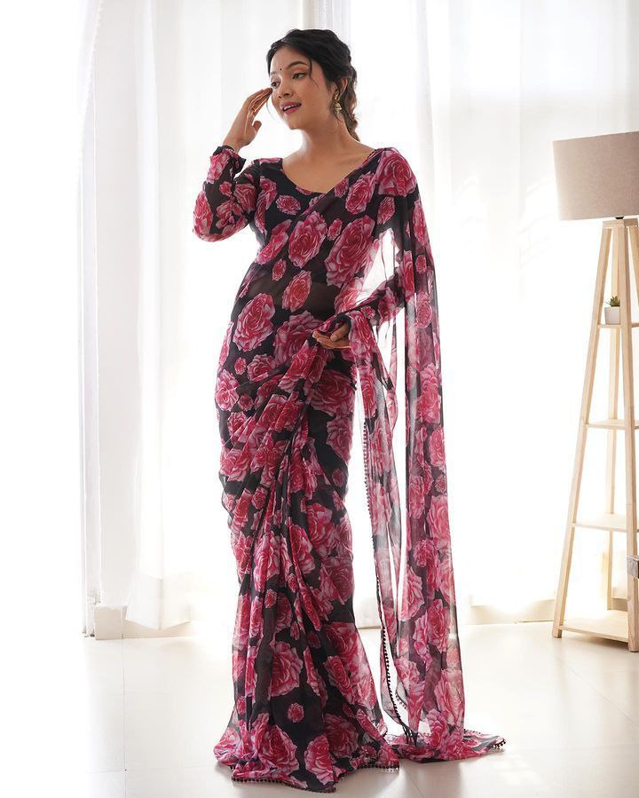Imperishable Ready-To-Wear Black Georgette Saree | Printed Design with Blouse Piece