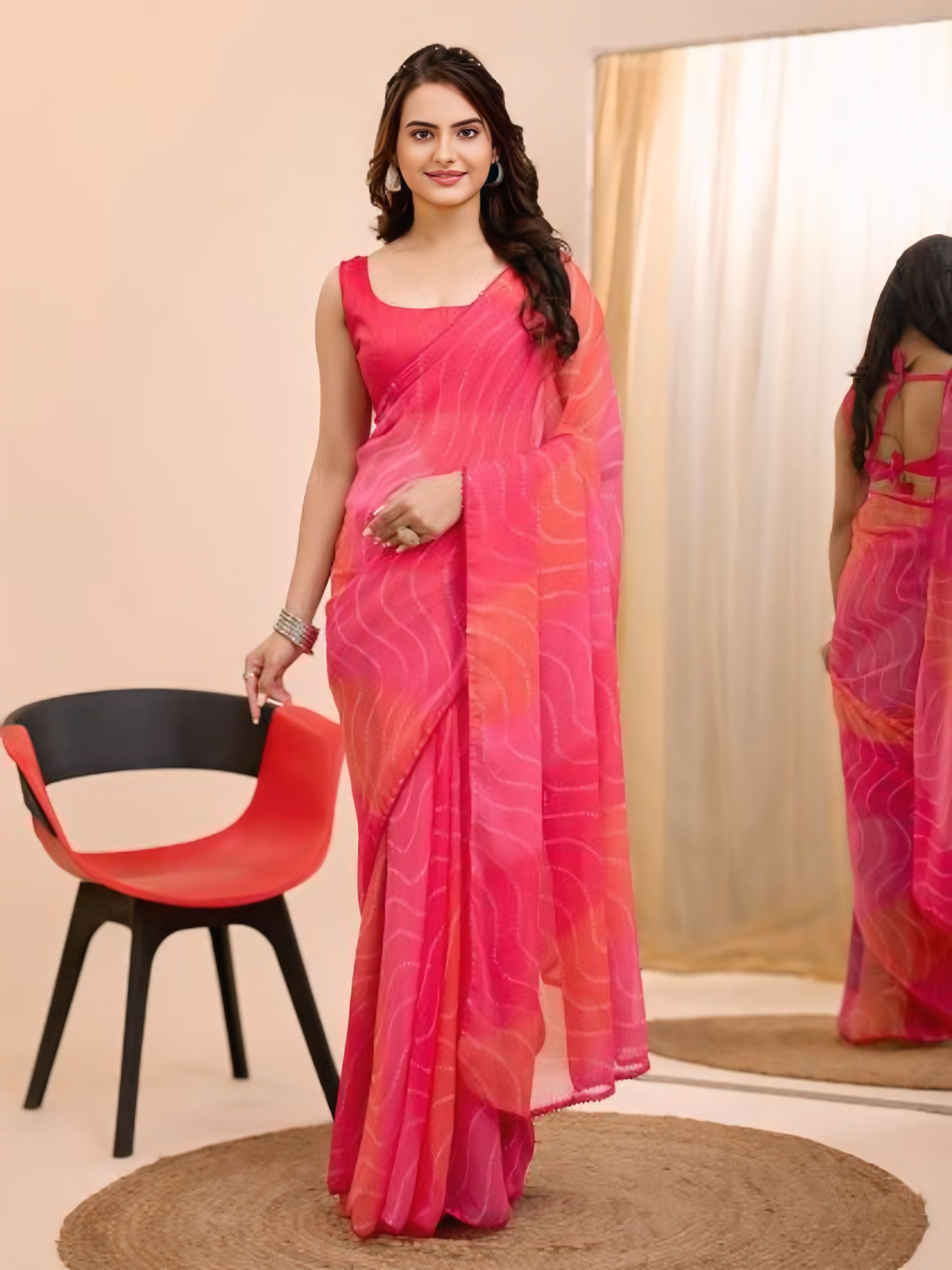 Evocative 1-Minute Ready-To-Wear Pink Georgette Saree | Printed Design with Blouse Piece