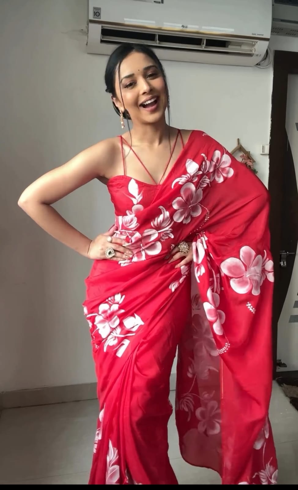 1-Minute Ready-To-Wear Red Georgette Saree | Printed Design with Blouse Piece