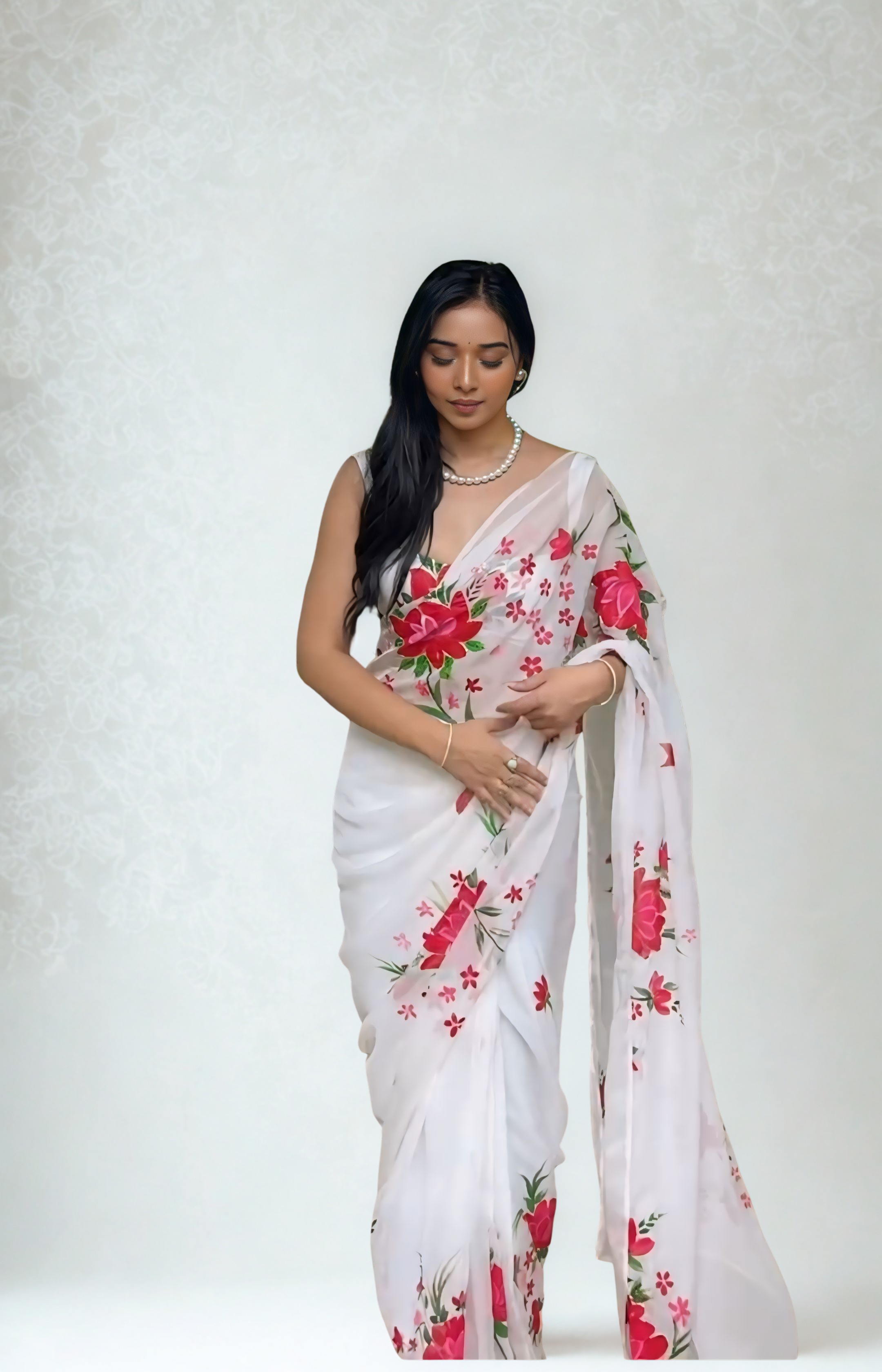 CLOVIRA White Pure Organza Ready-to-Wear Saree