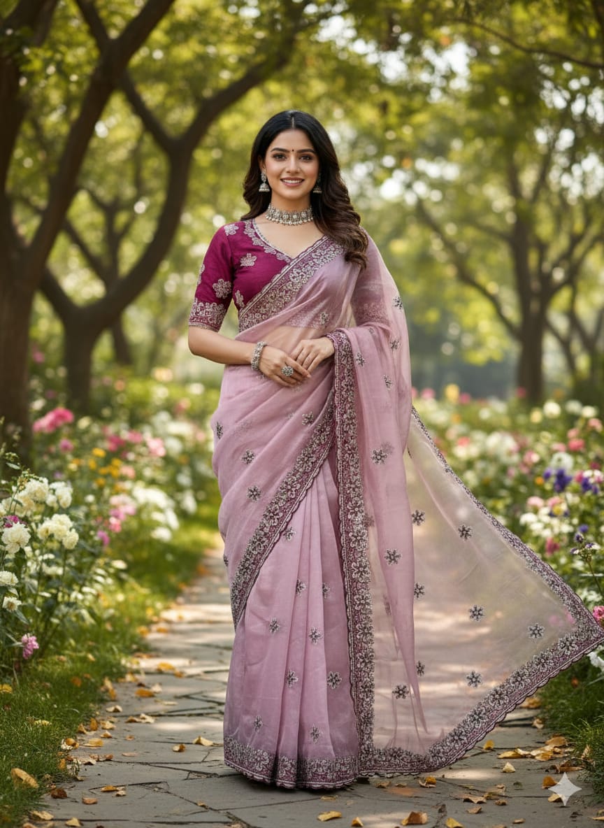 Traditional Soft Silk Saree | Multi Colour Embroidery, Zari Butta & Stone Work with Stitched Blouse