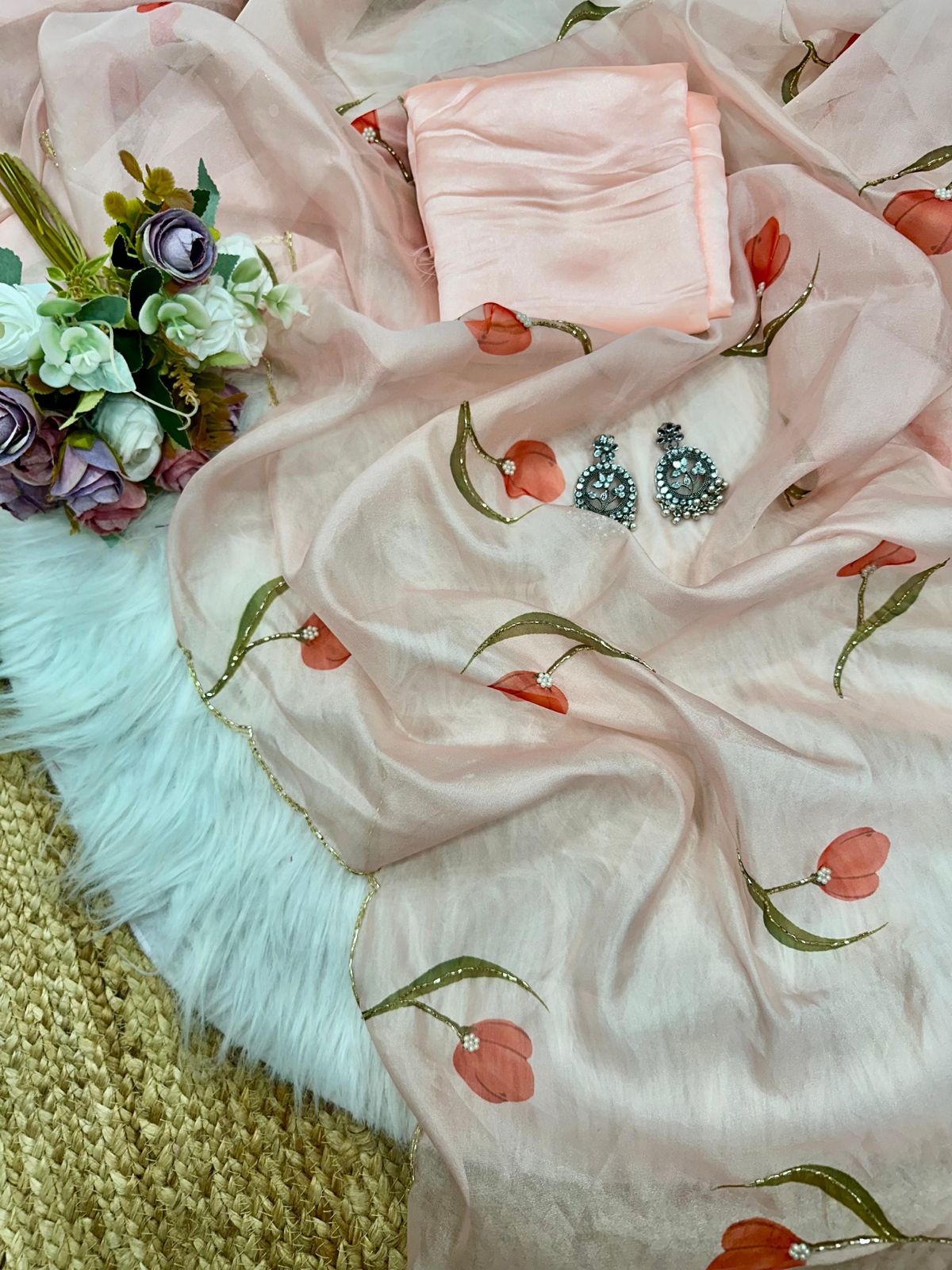 Exquisite 1-Minute Ready-To-Wear Peach Organza Silk Saree | Printed Design with Border Work & Blouse Piece