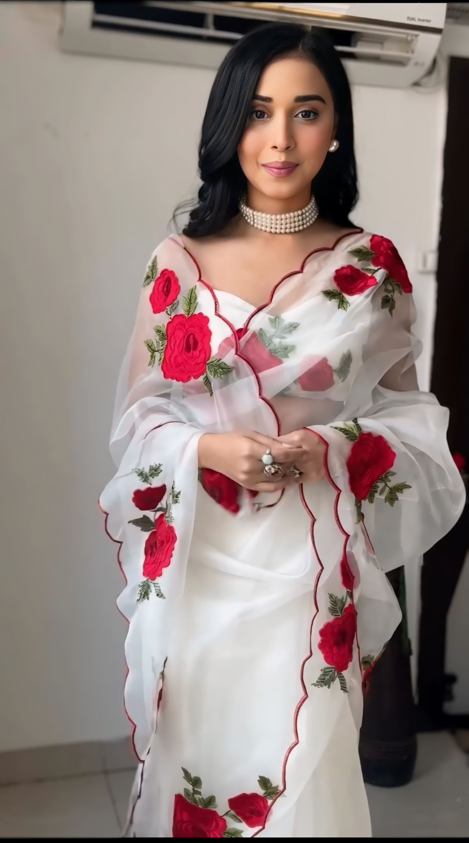 Pulsating 1-Minute Ready-To-Wear White Organza Silk Saree | Embroidery & Sequence Work with Blouse Piece