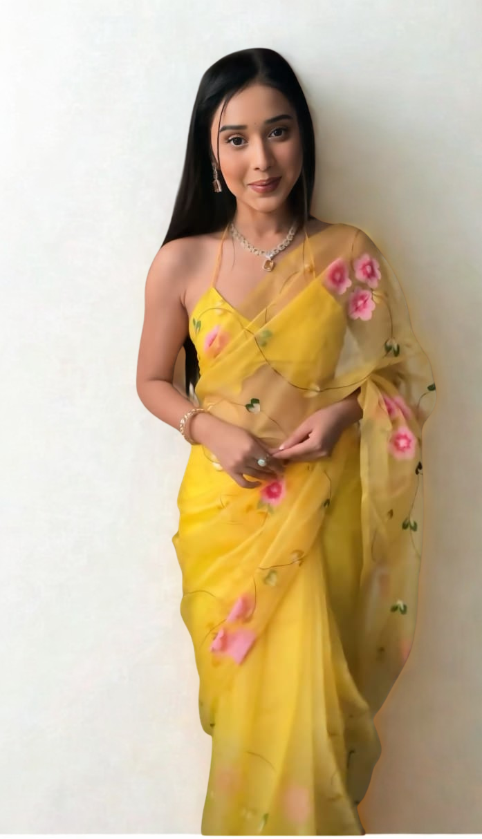 CLOVIRA Sunflower Yellow Pure Organza Ready-to-Wear Saree
