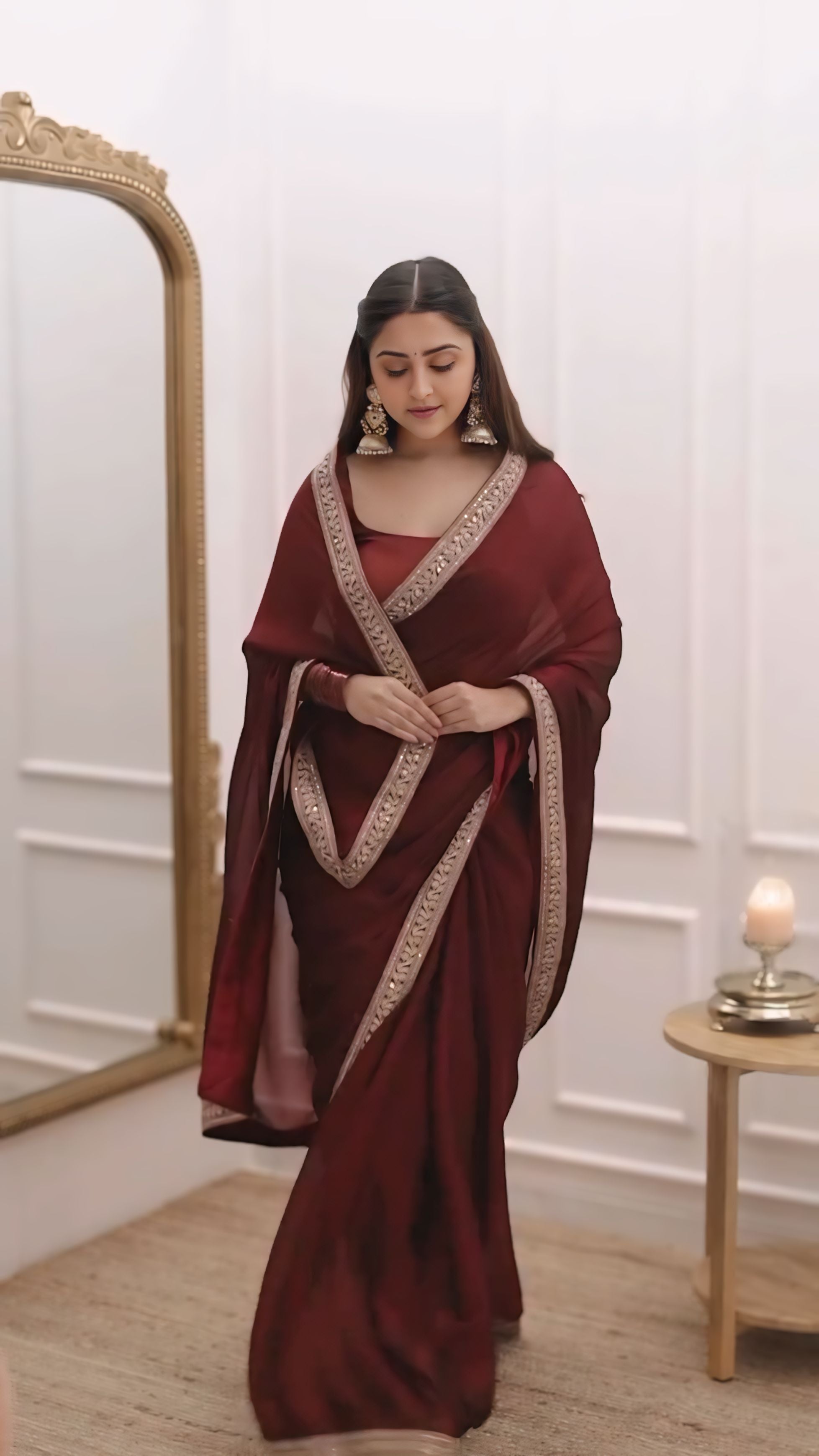 CLOVIRA Evocative 1-Minute Ready-To-Wear Maroon Rangoli Silk Saree | Embroidery Lace Border with Stitched Blouse