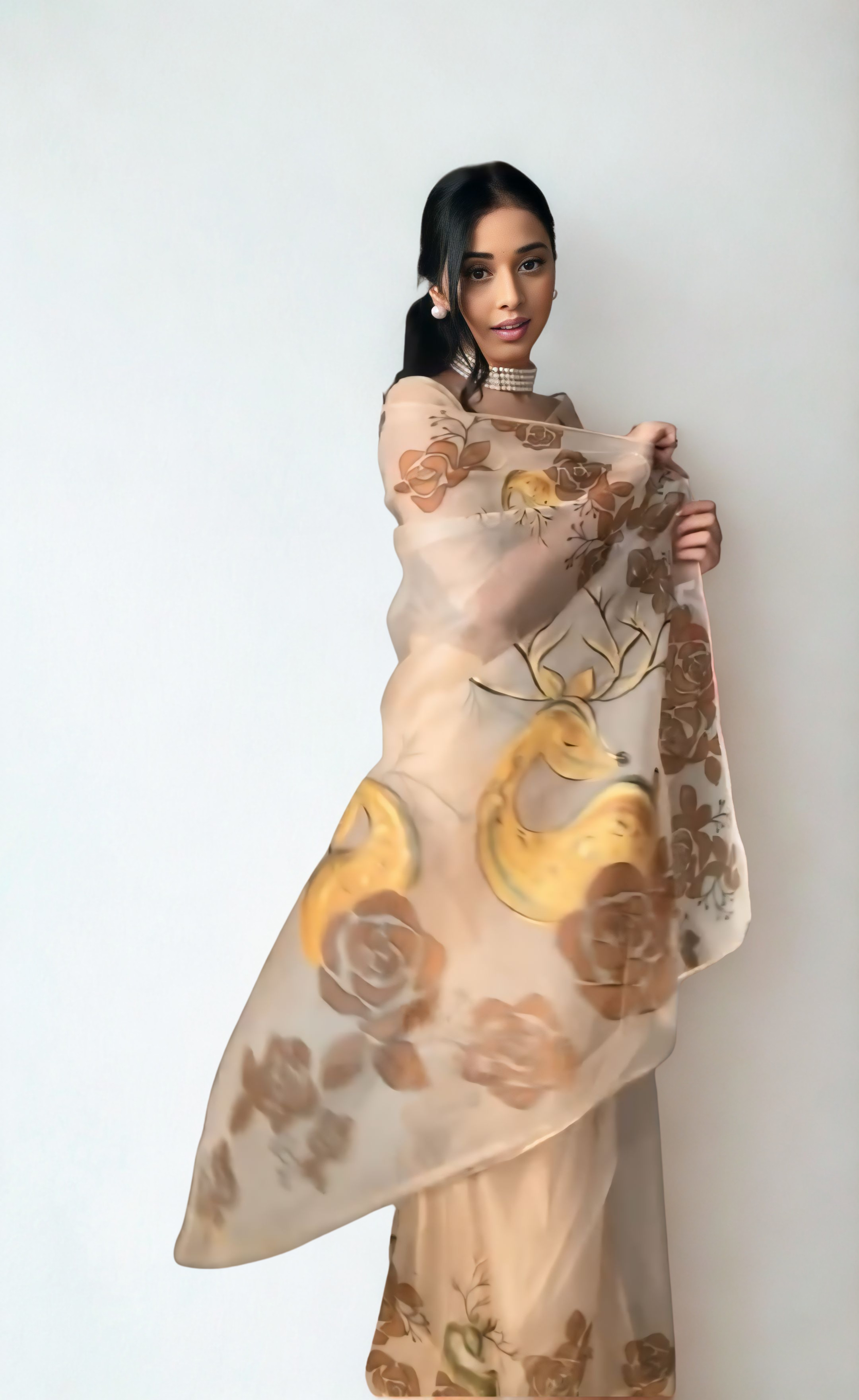 CLOVIRA Beige Pure Organza Ready-to-Wear Saree