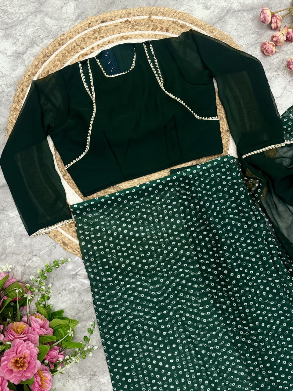 Opal Green Pre-Draped Frilled Saree with Pearl Lace & Digital Print