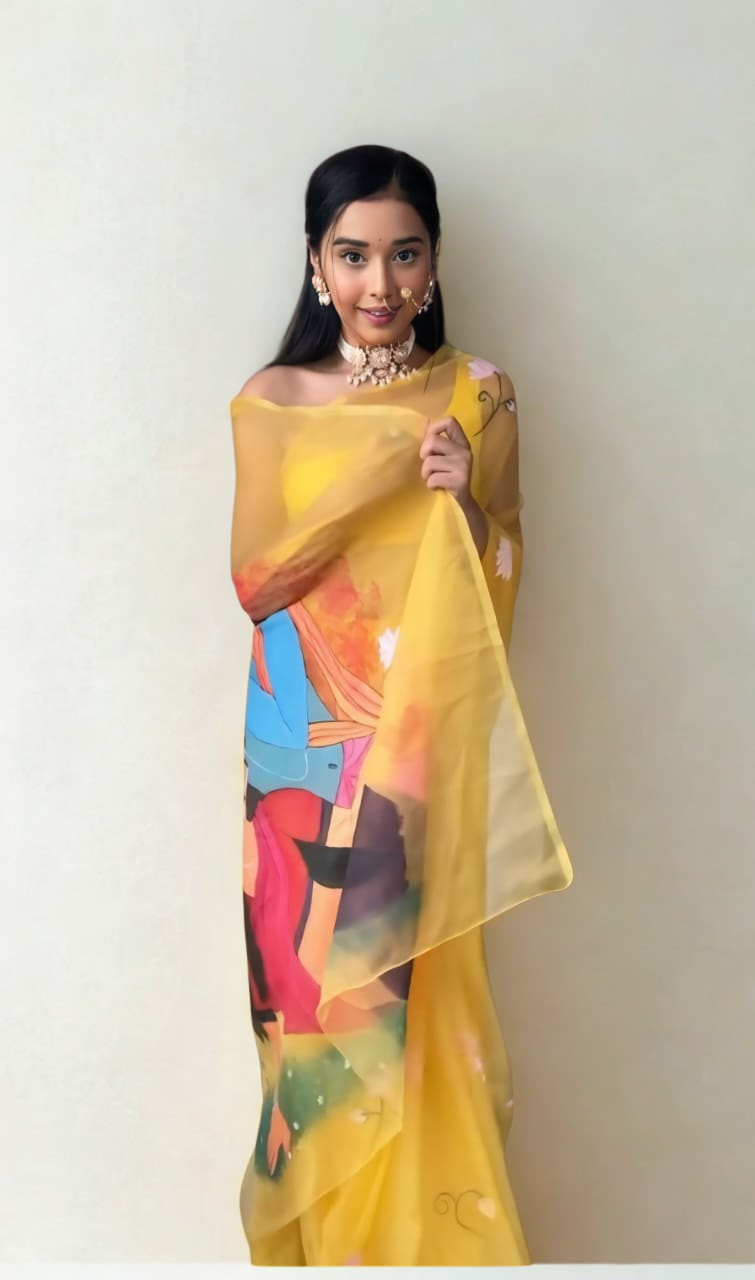 CLOVIRA Yellow Pure Organza Ready-to-Wear Saree