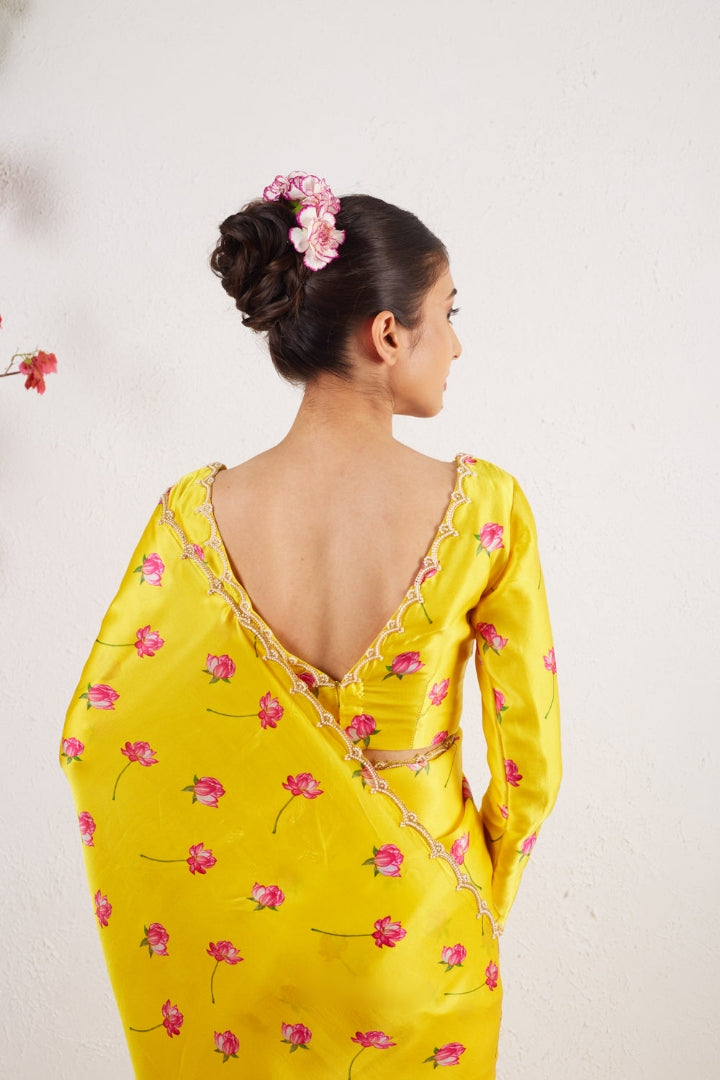 CLOVIRA Exquisite 1-Minute Ready-To-Wear Satin Silk Saree | Digital Print & Handwork Border with Stitched Blouse