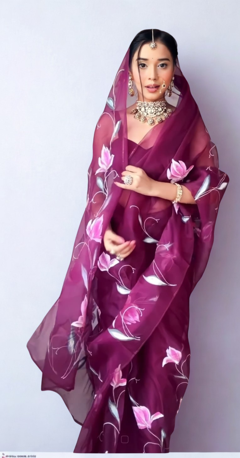 CLOVIRA Purple Pure Organza Ready-to-Wear Saree