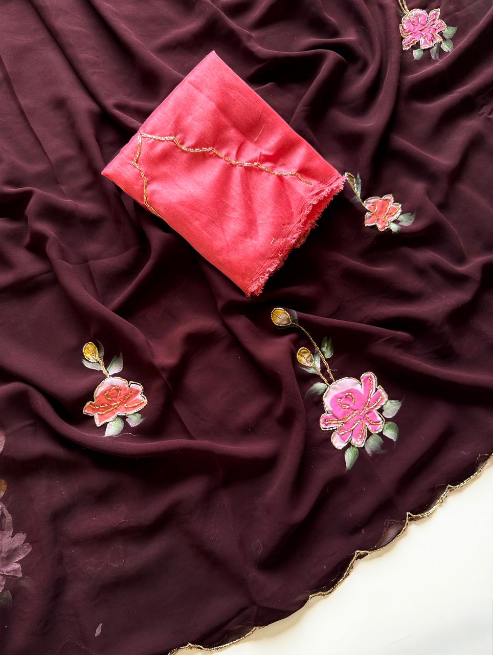 Soft Georgette Saree with Floral Hand Brush Print & Cut Dana Handwork