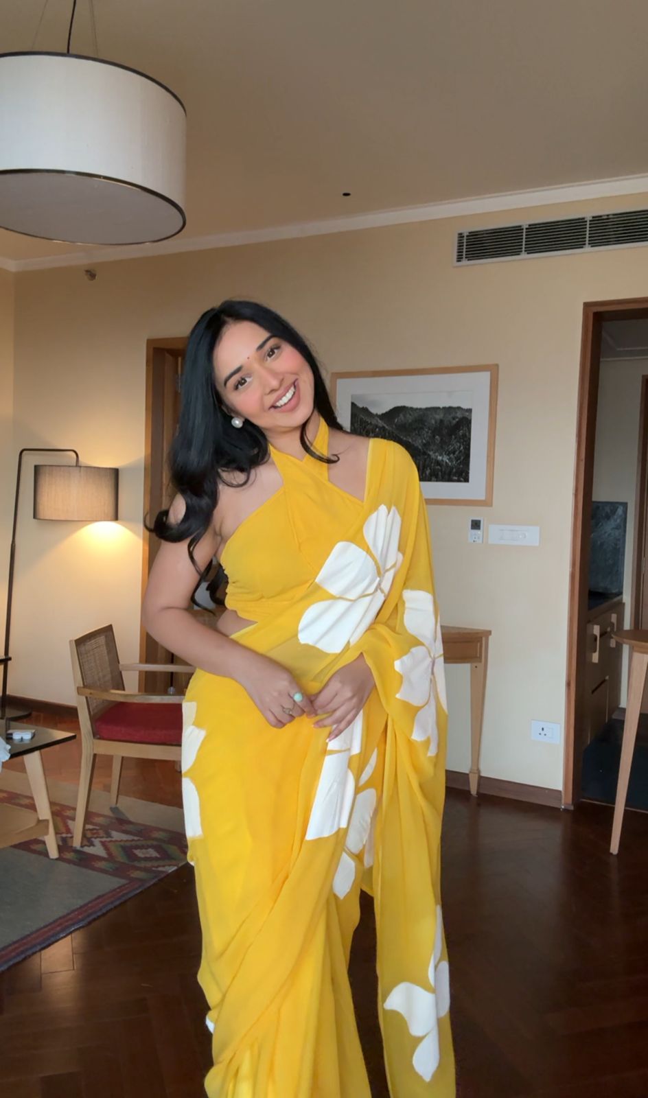 1-Minute Ready-To-Wear Yellow Georgette Saree | Printed Design with Blouse Piece