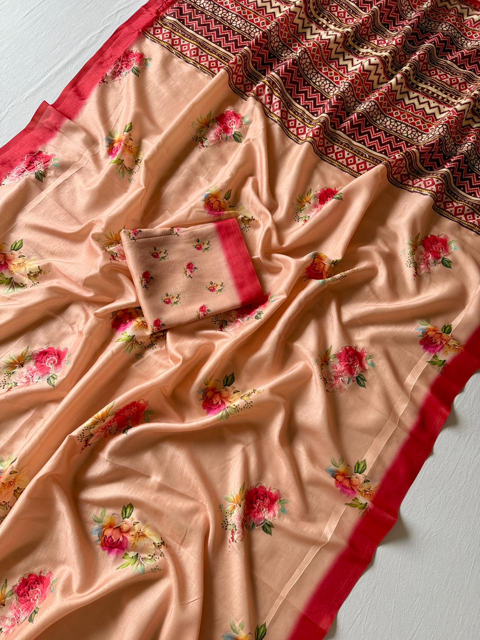Soft Tusser Silk Saree with 3D Floral Digital Print & Aari Work