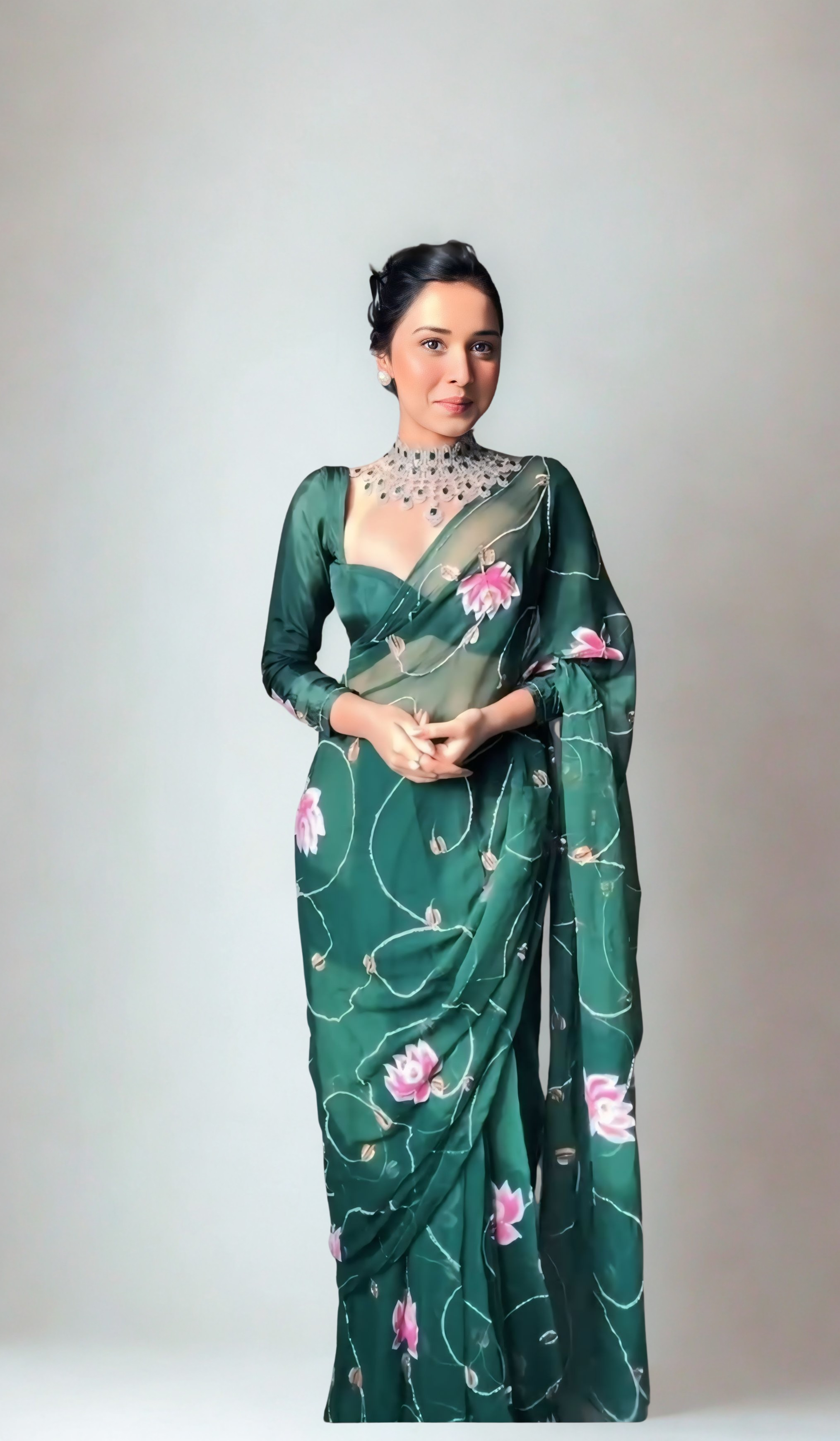 CLOVIRA Green Pure Organza Ready-to-Wear Saree