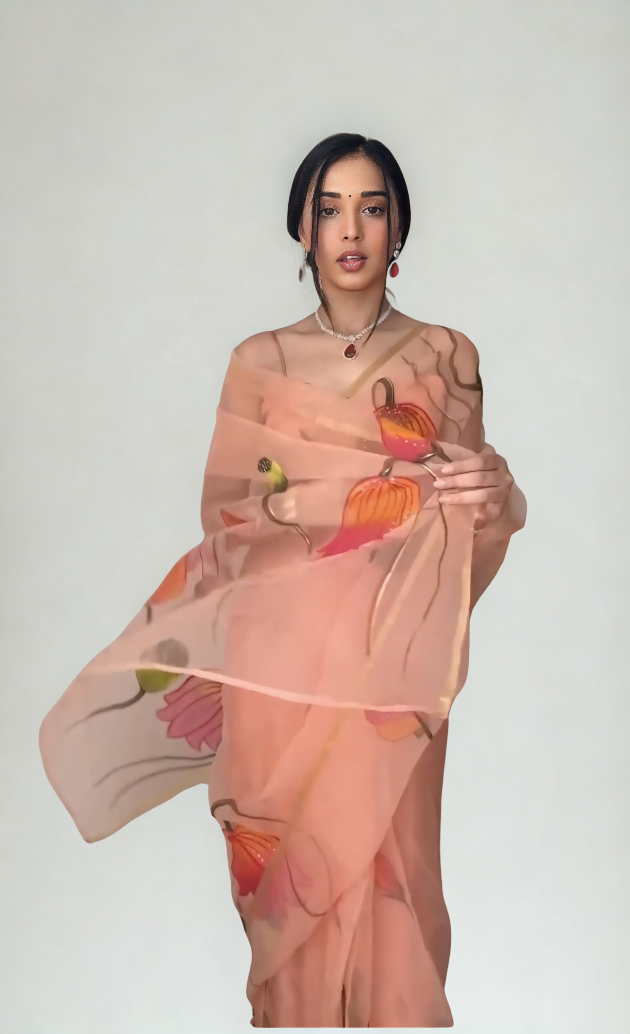 CLOVIRA Peach Pure Organza Ready-to-Wear Saree