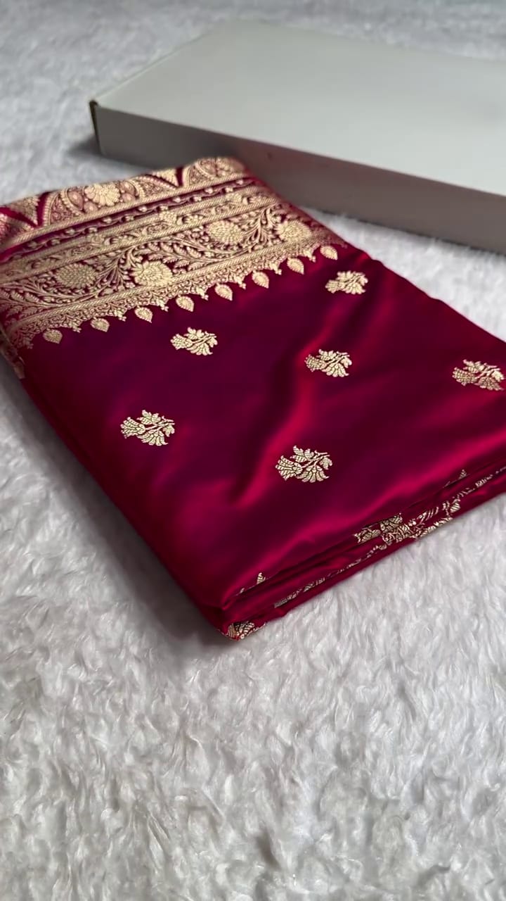 Regal Deep Maroon Satin Silk Saree with Golden Zari Butta & Rich Woven Border