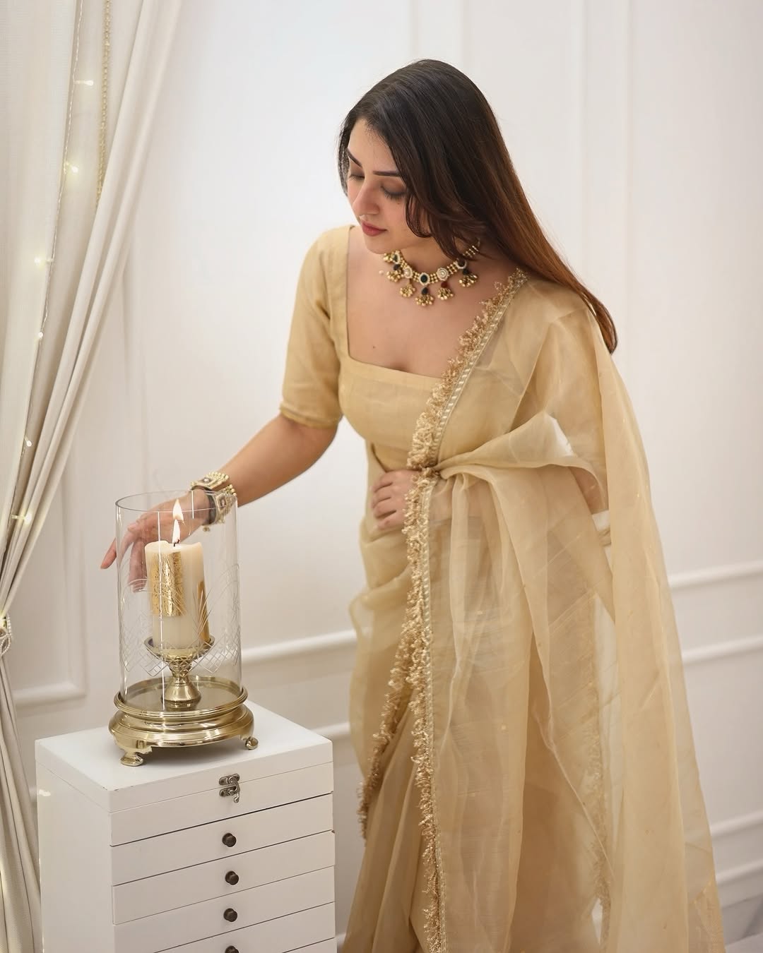 Unequalled 1-Minute Ready-To-Wear Beige Chanderi Cotton Silk Saree | Embroidery Border with Blouse Piece