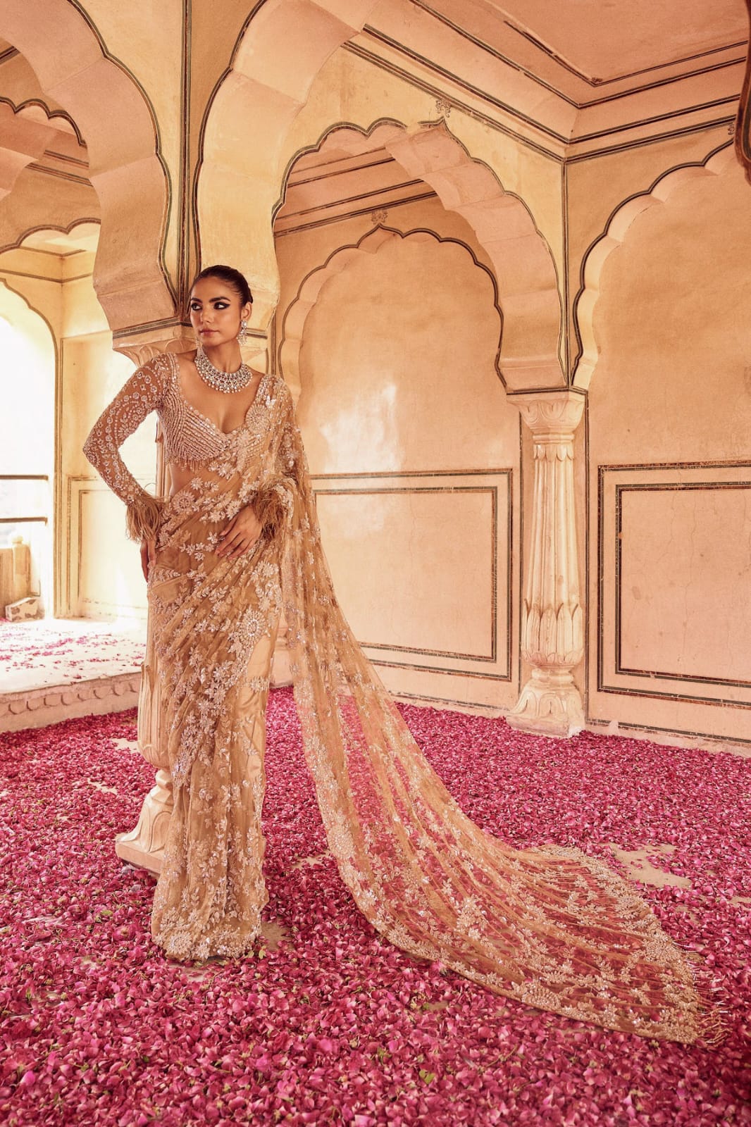 CLOVIRA Heavy Mono Net Saree with 5MM Multy & Sequins Embroidery Work