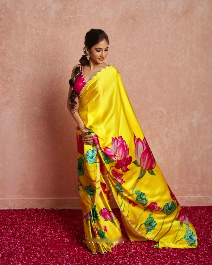 CLOVIRA 1-Minute Ready-to-Wear Satin Silk Saree with Printed & Handwork Border | Luxurious Designer Collection