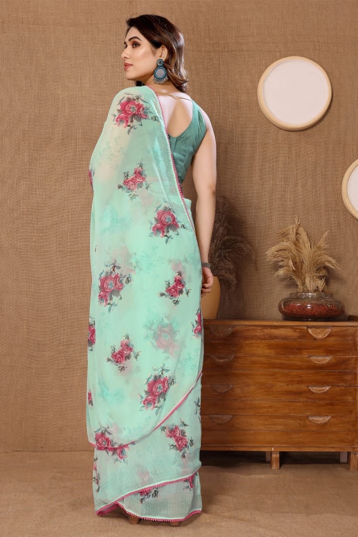 Gorgeous 1-Minute Ready-To-Wear Sea Green Georgette Saree | Printed Design with Blouse Piece