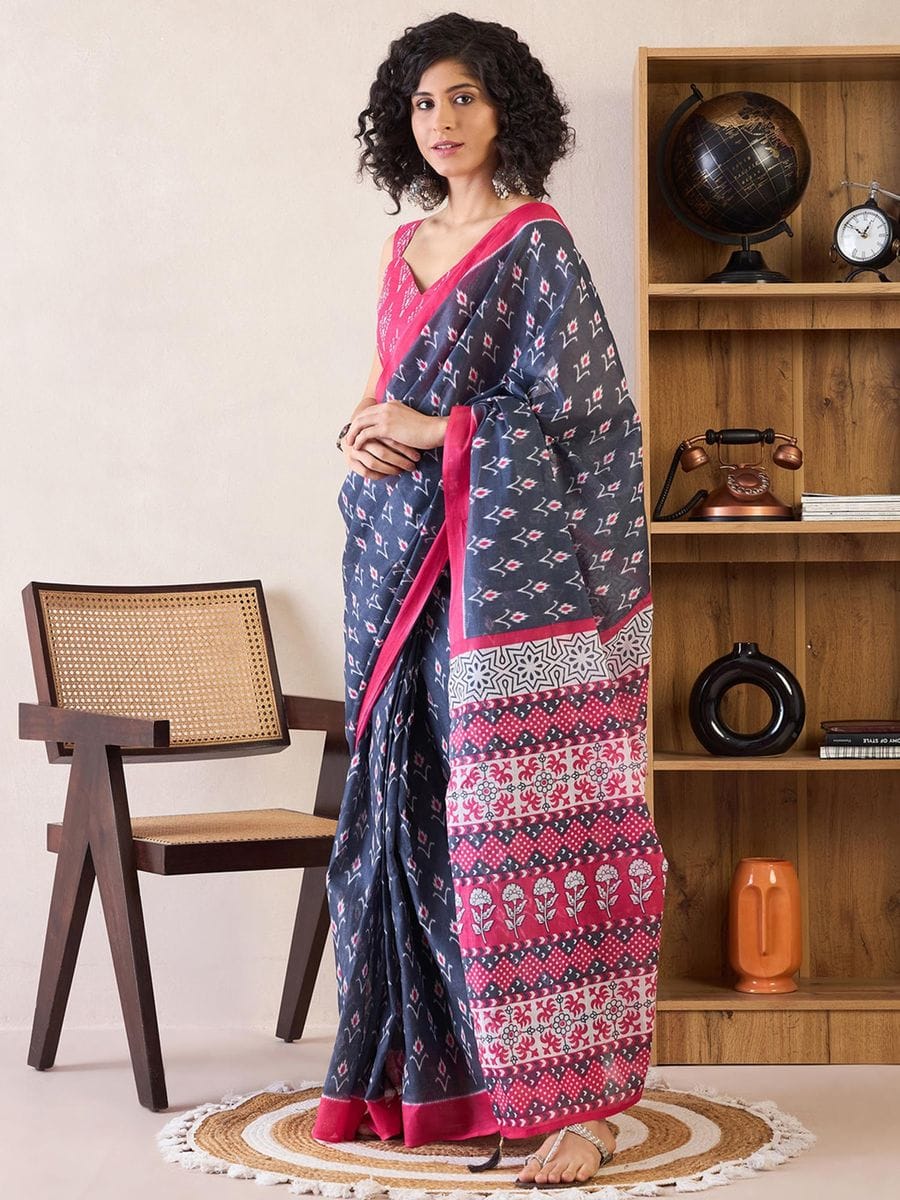 CLOVIRA Pure Soft Mul Cotton Silk Ready-to-Wear Saree with Pocket